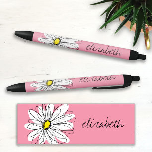 Bolígrafo De Tinta Negra Daisía sincera rosa y blanca con texto Personaliza