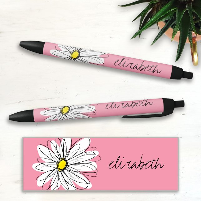 Bolígrafo De Tinta Negra Daisía sincera rosa y blanca con texto Personaliza (Subido por el creador)
