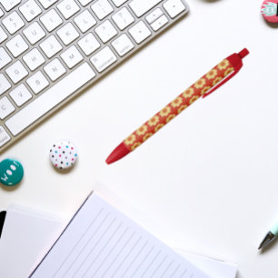 Bolígrafo De Tinta Negra Dalia amarilla en patrón floral rojo