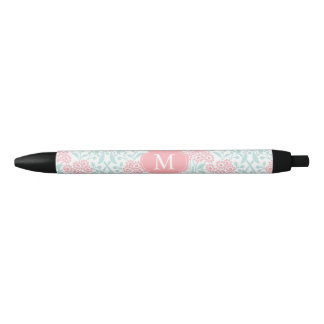Bolígrafo De Tinta Negra Damasco floral con monograma del coral y de la