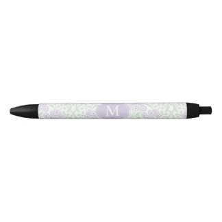 Bolígrafo De Tinta Negra Damasco floral con monograma del verde y de la