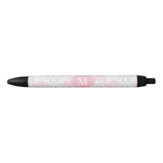 Bolígrafo De Tinta Negra Damasco floral rosado y gris con monograma