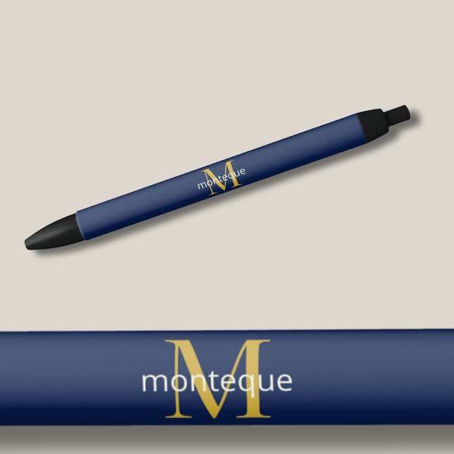Bolígrafo De Tinta Negra Deep Navy Gold Monogram Personalized Name Luxury  (Subido por el creador)