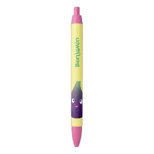 Bolígrafo De Tinta Negra Dibujo animado de fruta de higo morado feliz y lin