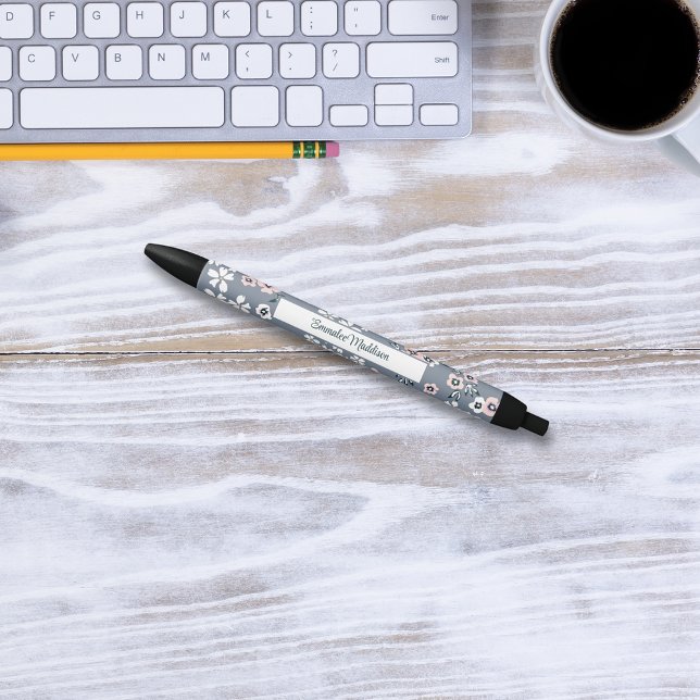 Bolígrafo De Tinta Negra Ditsy Floral Bohemiana Gris Rosa Blanco Monogramad (Subido por el creador)