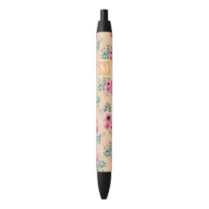 Bolígrafo De Tinta Negra Dorado   Monograma floral rosa y verde
