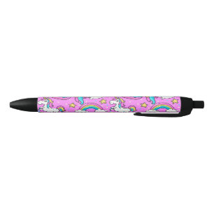 Bolígrafo De Tinta Negra El purpurinoso de Kitschy Rosa, unicornio y gatito