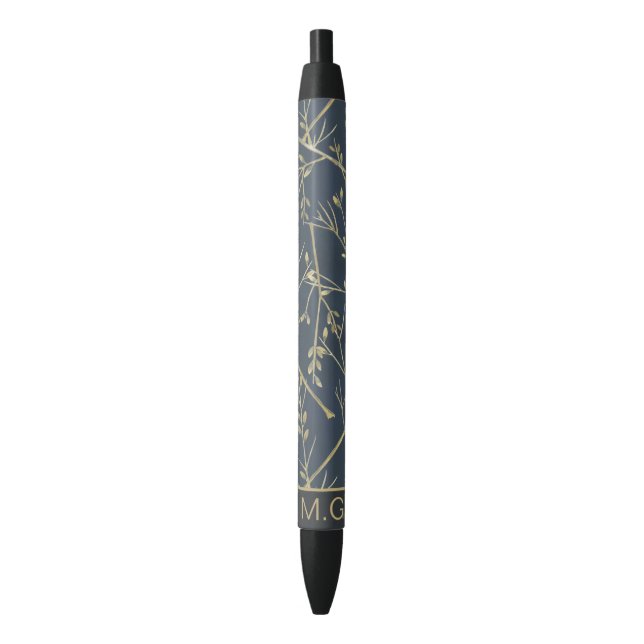 Bolígrafo De Tinta Negra Elegant Nature Branches Pattern Blue Monogram (Frente vertical)