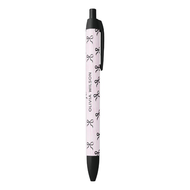 Bolígrafo De Tinta Negra Elegante Black Bows Rayas Rosa Monograma (Parte inferior (Vertical))