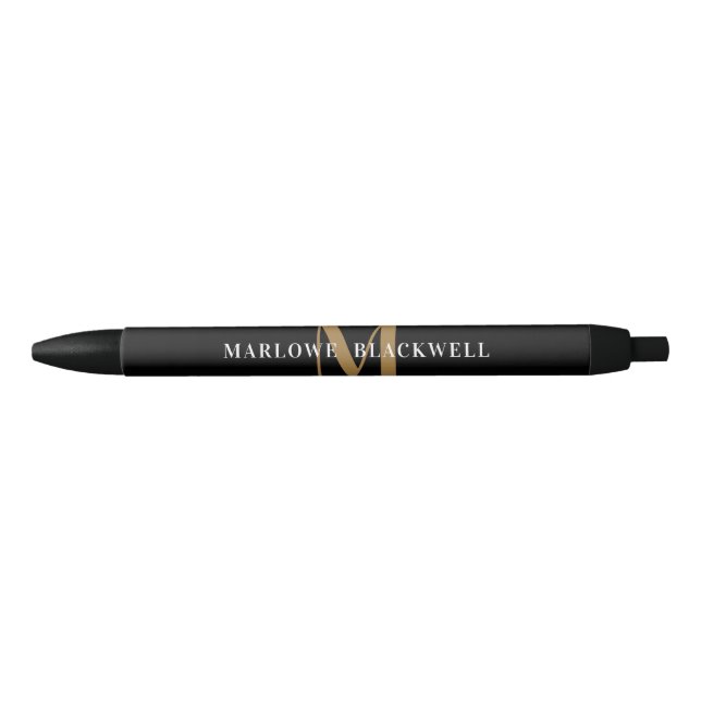 Bolígrafo De Tinta Negra Elegante Black Gold Monograma Nombre Negro (Anverso)