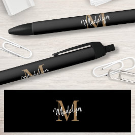 Bolígrafo De Tinta Negra Elegante Black Gold Monograma Script Nombre Elegan