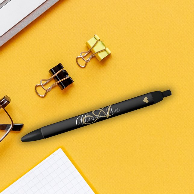 Bolígrafo De Tinta Negra Elegante Black Gold Script Nombre Monograma Blac (Elegant Black Gold Heart Script Name Monogram Blac Black Ink)