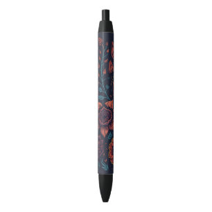 Bolígrafo De Tinta Negra Elegante Bonito Arte floral moderno rojo y azul os