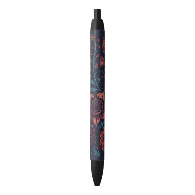 Bolígrafo De Tinta Negra Elegante Bonito Arte floral moderno rojo y azul os (Frente vertical)