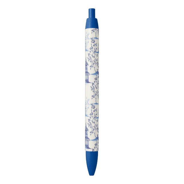 Bolígrafo De Tinta Negra Elegante Chinoiserie Pagoda Trees Blue (Frente vertical)