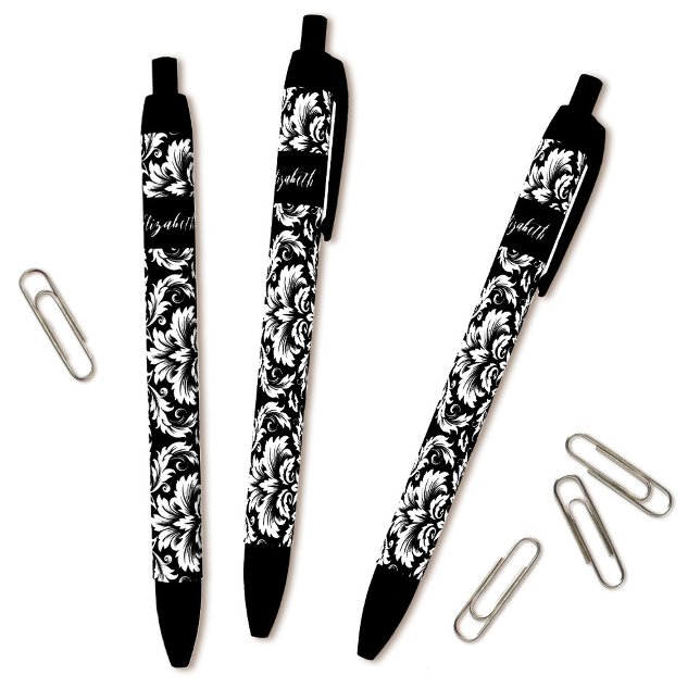 Bolígrafo De Tinta Negra Elegante Damasco Blanco Negro (Cute personalized black and white damask pattern pens go great with the matching journal.)
