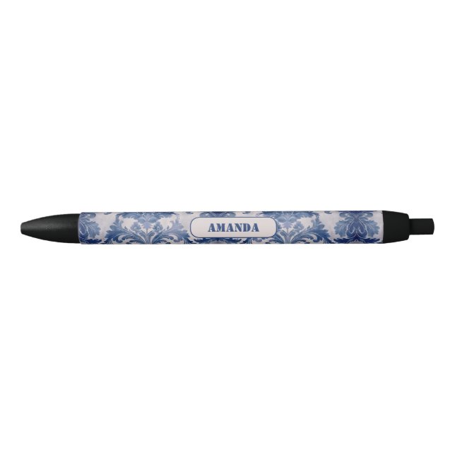 Bolígrafo De Tinta Negra Elegante damasco Blue toile de jouy monograma (Anverso)