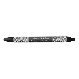 Bolígrafo De Tinta Negra Elegante Damask Black Pattern Boda Bride Groom