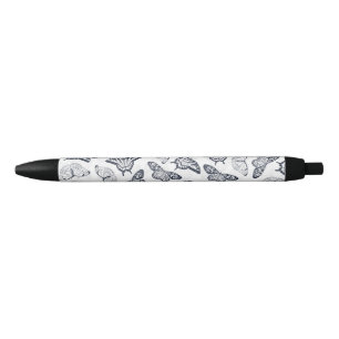 Bolígrafo De Tinta Negra Elegante Diseño Blanco de Mariposas Gris