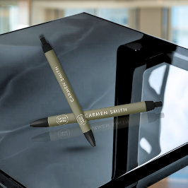 Bolígrafo De Tinta Negra Elegante minimalista Monogram Green Olive con logo