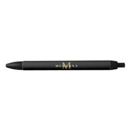 Bolígrafo De Tinta Negra Elegante Monograma Black Gold Classic Nombre inici