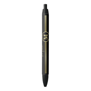 Bolígrafo De Tinta Negra Elegante Monograma de Firma en Oro sobre Negro