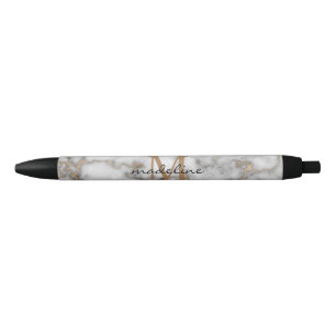 Bolígrafo De Tinta Negra Elegante Monograma de Gris Negro de Mármol Oro Cr