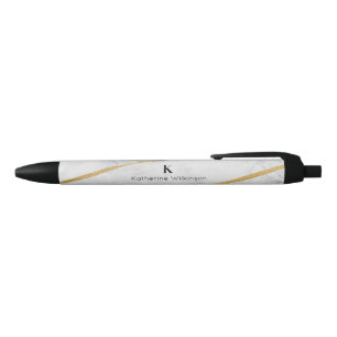 Bolígrafo De Tinta Negra Elegante Monograma de Oro de Mármol Blanco