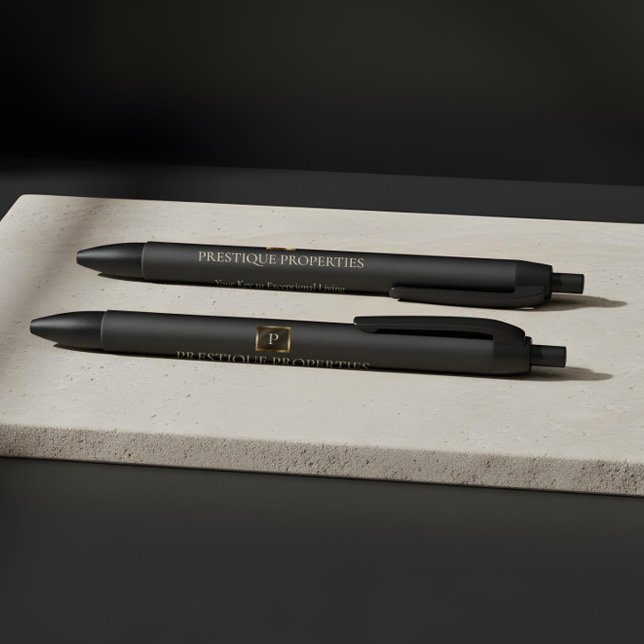 Bolígrafo De Tinta Negra Elegante Monograma de Oro Personalizado Lujo Empre (Elegant Gold Monogram Personalized Luxury Business Pen)