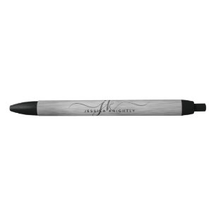 Bolígrafo De Tinta Negra Elegante Monograma Faux Metallic Silver Gray Scrip