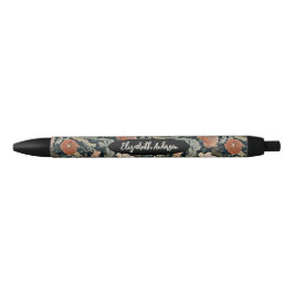 Bolígrafo De Tinta Negra Elegante Monograma Floral Rojo Negro