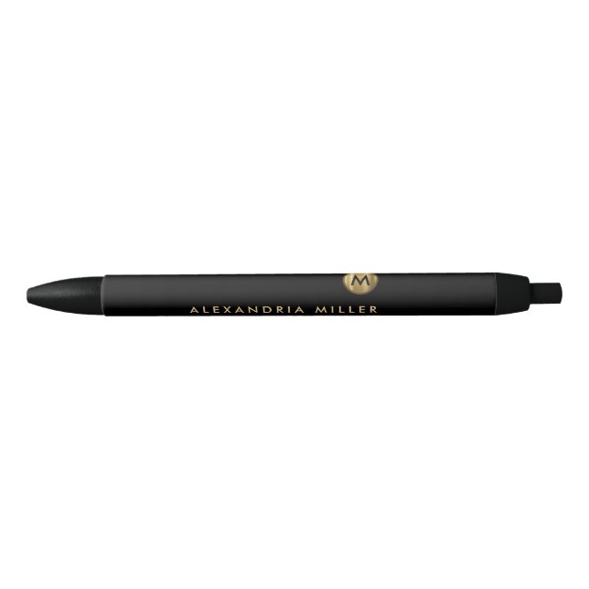 Bolígrafo De Tinta Negra Elegante Monograma mínimo de oro negro (Anverso)