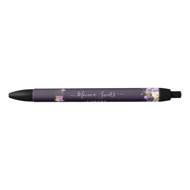 Bolígrafo De Tinta Negra Elegante negocio floral morado (Anverso)