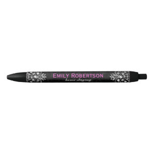 Bolígrafo De Tinta Negra Elegante negro Damask Silver Metallage Lace