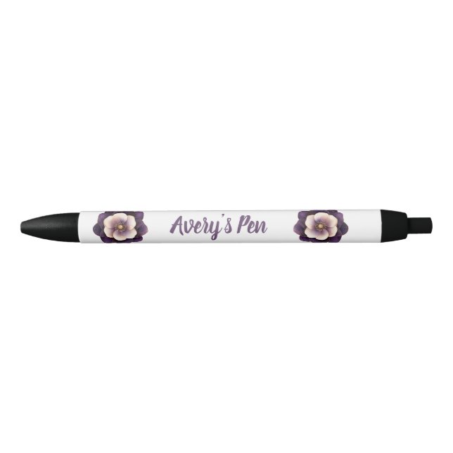 Bolígrafo De Tinta Negra Elegante nombre violeta floral (Anverso)