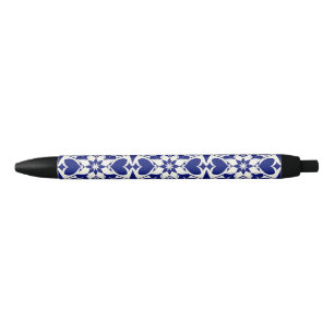 Bolígrafo De Tinta Negra Elegante patrón floral azul y blanco