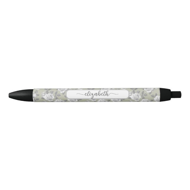 Bolígrafo De Tinta Negra Elegante Rosa Garden Sage Green Pen (Anverso)
