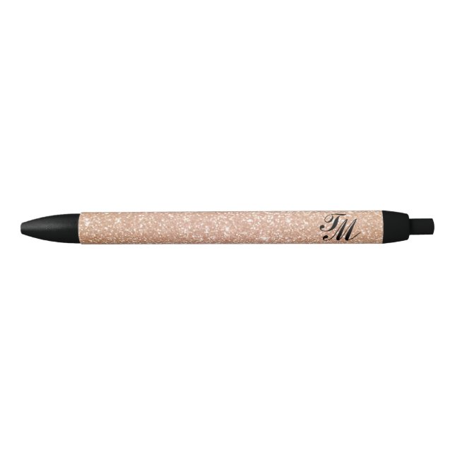 Bolígrafo De Tinta Negra Elegante Rosa  Oro Purpurina Monograma Negro (Anverso)