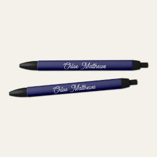Bolígrafo De Tinta Negra Elegante White Script Name Navy Blue Pen