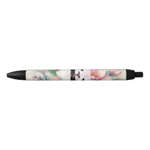 Bolígrafo De Tinta Negra Encaje de monograma floral rosa magnolia flor púrp