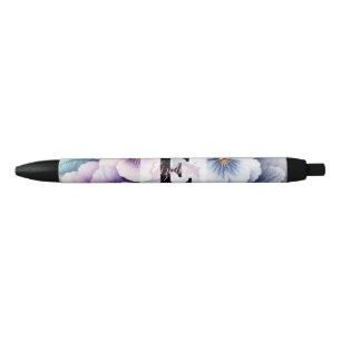 Bolígrafo De Tinta Negra Encaje de monograma floral rosado flores de pensam