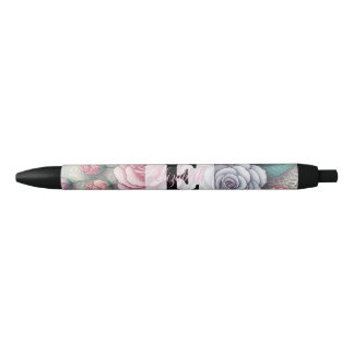 Bolígrafo De Tinta Negra Encaje de monograma floral rosas azules y púrpuras