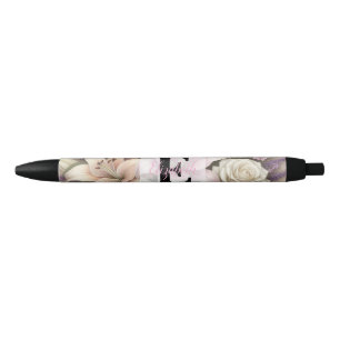 Bolígrafo De Tinta Negra Encaje monograma floral rosas púrpura lirios lavan