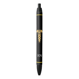 Bolígrafo De Tinta Negra Enfermera Monograma y Caduceo Dorado sobre Negro