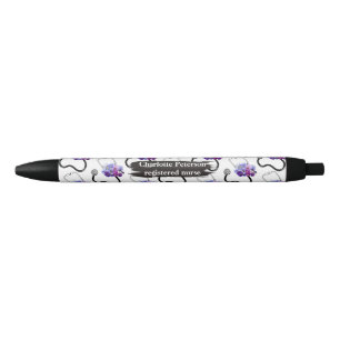 Bolígrafo De Tinta Negra Enfermera registrada estetoscopio y floral azul