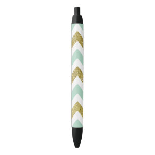Bolígrafo De Tinta Negra Falso brillo Chevron de la menta y del oro
