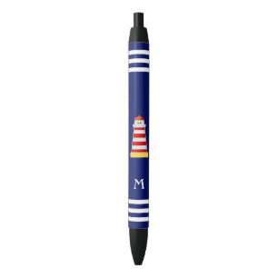 Bolígrafo De Tinta Negra Faro náutico y monograma en fondo azul