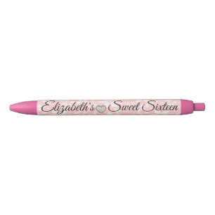 Bolígrafo De Tinta Negra Favor de fiesta de corazón de diamante floral rosa