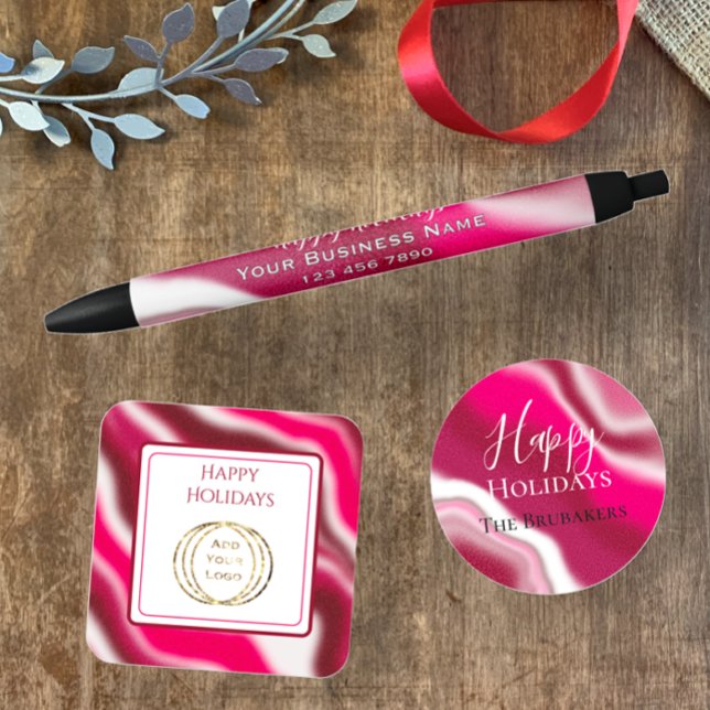 Bolígrafo De Tinta Negra Feliz feriado Navidades Promoción Red Business (Add company name and contact info to candy cane Christmas business promotion pen customer gift.)