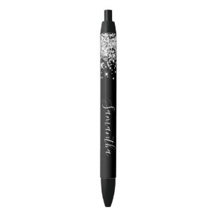 Bolígrafo De Tinta Negra Femenina Firma Brillante Plata Purpurina